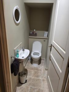 a small bathroom with a toilet and a sink at Maison De Lafenestre in Saint-Maigrin +21 photos