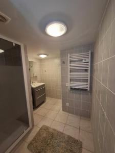 a bathroom with a shower and a sink and a light at Escapade à Éguzon Maison 3 chambres in Éguzon-Chantôme
