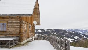 a log cabin in the snow with a picnic table at Kuhgrabenhütte in Klippitztorl