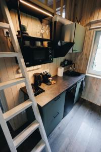 a kitchen with a ladder leading up to a kitchen counter at Holiday cabin 'OAK' in Salacgrīva