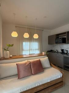 a living room with a couch with three pillows at Capibara 6 - Vistas de Junin in Corrientes