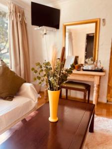 Die Ou Pastorie في هارتبيسبورت: مزهرية مع الزهور على طاولة في غرفة المعيشة