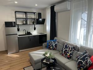 a living room with a couch and a kitchen at Apartmani Bjelovar in Bjelovar