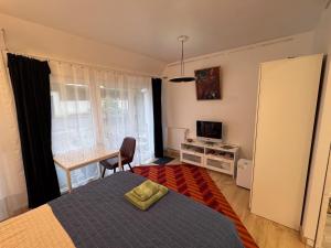 a bedroom with a bed and a desk and a television at Villa Auguste chambres d'hôtes in Quimper
