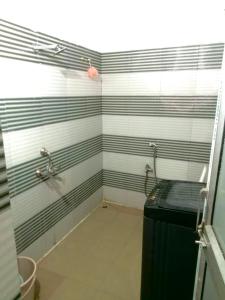 a bathroom with a black and white striped wall at Da Nest in Guwahati +10 photos