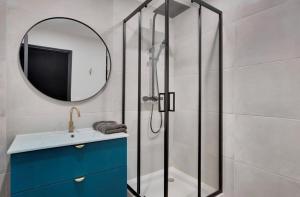 a bathroom with a shower and a sink and a mirror at Maison avec espace bien-être privé in Mareuil-sur-Lay