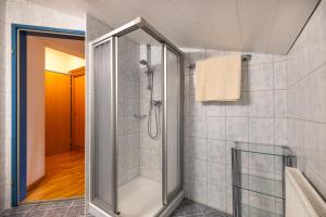a bathroom with a shower with a glass door at Ausserraingut in Flachau +71 photos