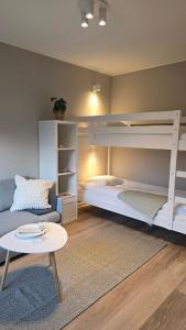 a bedroom with a bunk bed and a couch and a table at Tingsryd Resort in Tingsryd