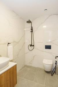a bathroom with a shower and a toilet and a sink at Kalamon Luxury Suite 105 w Pool & Gym in Livadhia