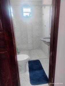 弗雷谢拉斯hostel xamã的浴室配有卫生间、水槽和蓝色地毯。 更多9张照片