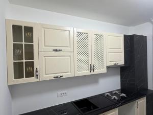 een keuken met witte kasten en een zwart aanrechtblad bij Altheda Living Stejari 4B in Suceava