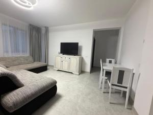een woonkamer met een bank en een tafel met een televisie bij Altheda Living Stejari 4B in Suceava