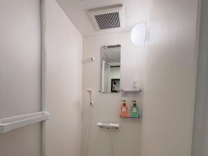 a bathroom with a shower with a mirror and a sink at A Lucky Hostel in Hakuba +32 photos
