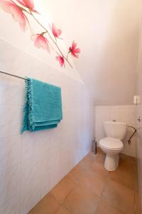 a bathroom with a toilet and a blue towel at Hubstay Hillside Residence with Private Jacuzzi in Platres