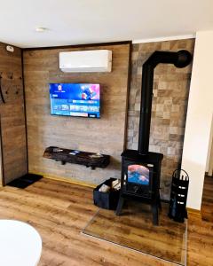 ein Kamin in einem Wohnzimmer mit Fernseher in der Unterkunft Ferienwohnung Brama in Reinhardshagen