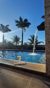 ein Brunnen in einem Pool mit Palmen im Hintergrund in der Unterkunft Chalé das Palmeiras in Itabaiana