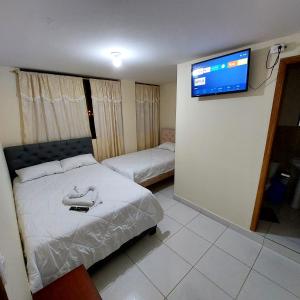 Un dormitorio con una cama y un televisor en una pared. en Hotel Bethel, en Tababela