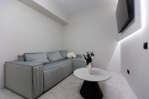 a living room with a couch and a table at Luna Minimalist Apartment in Chişinău
