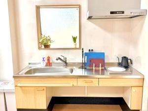 eine Küchentheke mit Spüle und Fenster in der Unterkunft MY HOUSE たいみんぐ kuwana 長島15分 名古屋20分 桑名駅徒歩3分 in Kuwana