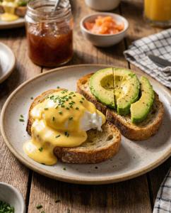 a plate with two slices of bread with cheese and avocado at QC Quartier Chiemsee Hotel in Seebruck