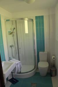 uma casa de banho com um chuveiro, um WC e um lavatório. em LifeHarbour Limanu em Limanu