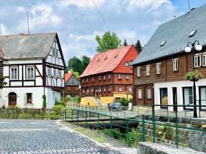 a group of buildings in a town with a canal at Apartmány u Náměstí in Chřibská