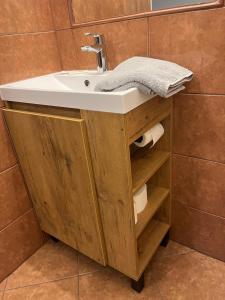 Route 7 Rooms في ميشلينيتسه: حمام مع حوض وبعض ورق التواليت +61 صورة