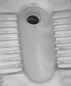 a white toilet with a drain in the middle at The OLD house in Bolpur