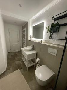 a bathroom with a white toilet and a sink at S & C Ferienhaus in Oberbettingen +12 photos