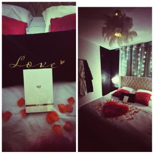 Twee foto's van een slaapkamer met het woord 'love' op het bed. bij L'échappée Sensuelle in Thiviers