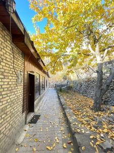 Manasau Resort hunza في هنزه: رصيف به أوراق على الأرض بجوار مبنى