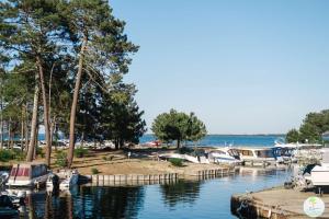 a group of boats docked at a dock on the water at Sanguinet - Élégante maison pour 6 personnes PMR in Sanguinet