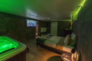 a green room with a bed and a tub at Suite Tentation avec Jacuzzi in Châteauneuf-lès-Martigues