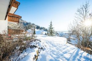 a snow covered path in front of a house at Waldchalets & Ferienwohnungen Allgäu in Burgberg