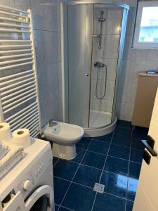 un bagno con doccia, WC e lavandino di Alex Apartment a Balş