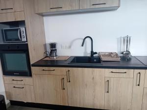 a kitchen with a sink and a microwave at sci careffour dugomier in Le Moule