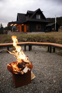 ein Feuer in einer Kiste vor einer Bank in der Unterkunft Blackwood Retreat in Neagra Şarului