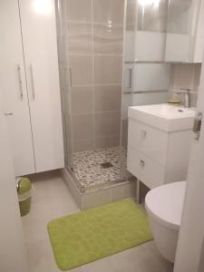 El baño incluye ducha, aseo y alfombra verde. en Bonite, en Les Trois-Îlets