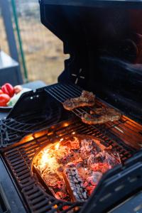einen Grill mit etwas Essen darüber in der Unterkunft Blackwood Retreat in Neagra Şarului