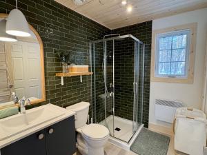 une salle de bains avec douche, toilettes et lavabo dans l'établissement Pur Nature Garthby et Sauna, à Saint-Gérard 26 autres photos