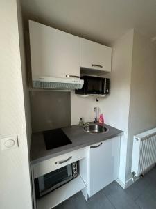 a small kitchen with a sink and a microwave at Le petit cocon in Sens