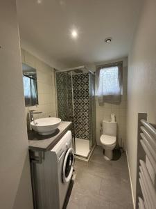 a bathroom with a sink and a toilet and a shower at Le petit cocon in Sens