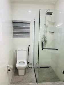 Un baño con inodoro y ducha de cristal. en Nucfam Hotel Ojodu, en Eggan