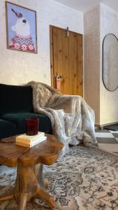 Alpenfels Apartments - Zwieselstein في سولدن: غرفة معيشة مع أريكة وطاولة قهوة