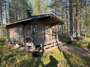 a small wooden cabin in the middle of a forest at Forestry cabin and sauna cabin in Halmevaara