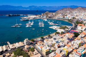 an aerial view of a harbor with boats at Nusa Apartments Monte Cara in Mindelo