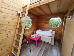 a room with a ladder and a bed in a tiny house at Le Carré d'Etoiles / Domaine de la Crapaudine in Rosnay
