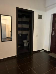 a bathroom with a toilet and a mirror at Bella Home Residence2 in Roşu