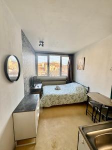 1 dormitorio con cama, ventana y lavamanos en Hyper Centre de Valence - Studio N32, en Valence