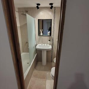 un bagno con lavandino, WC e specchio di departamento premium de 3 Ambientes a Pinamar Altre 18 foto